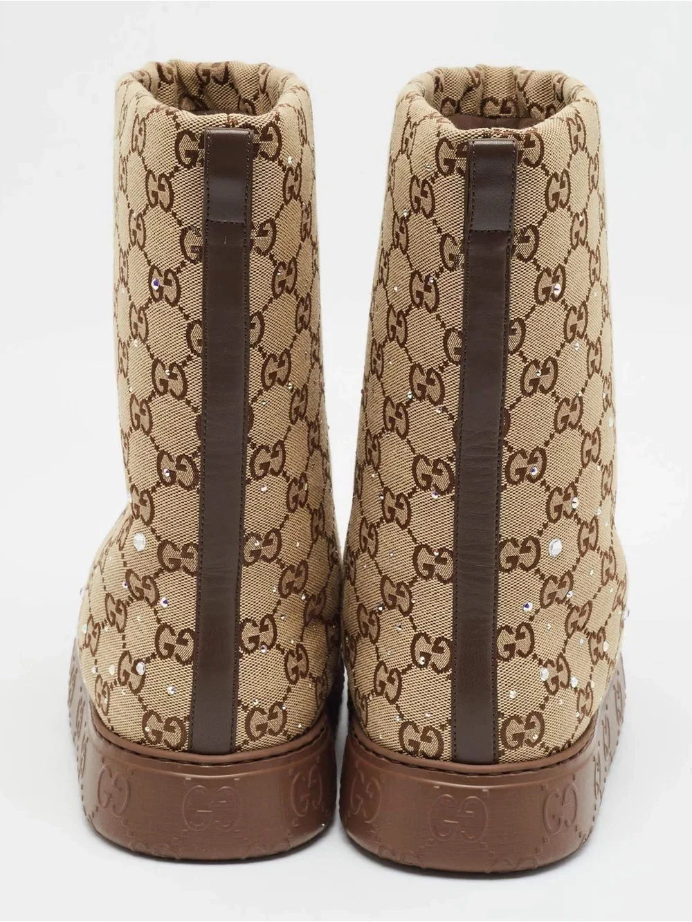 Gucci Beige Monogram Kids Boots with Brown Sole and Crystal Accents